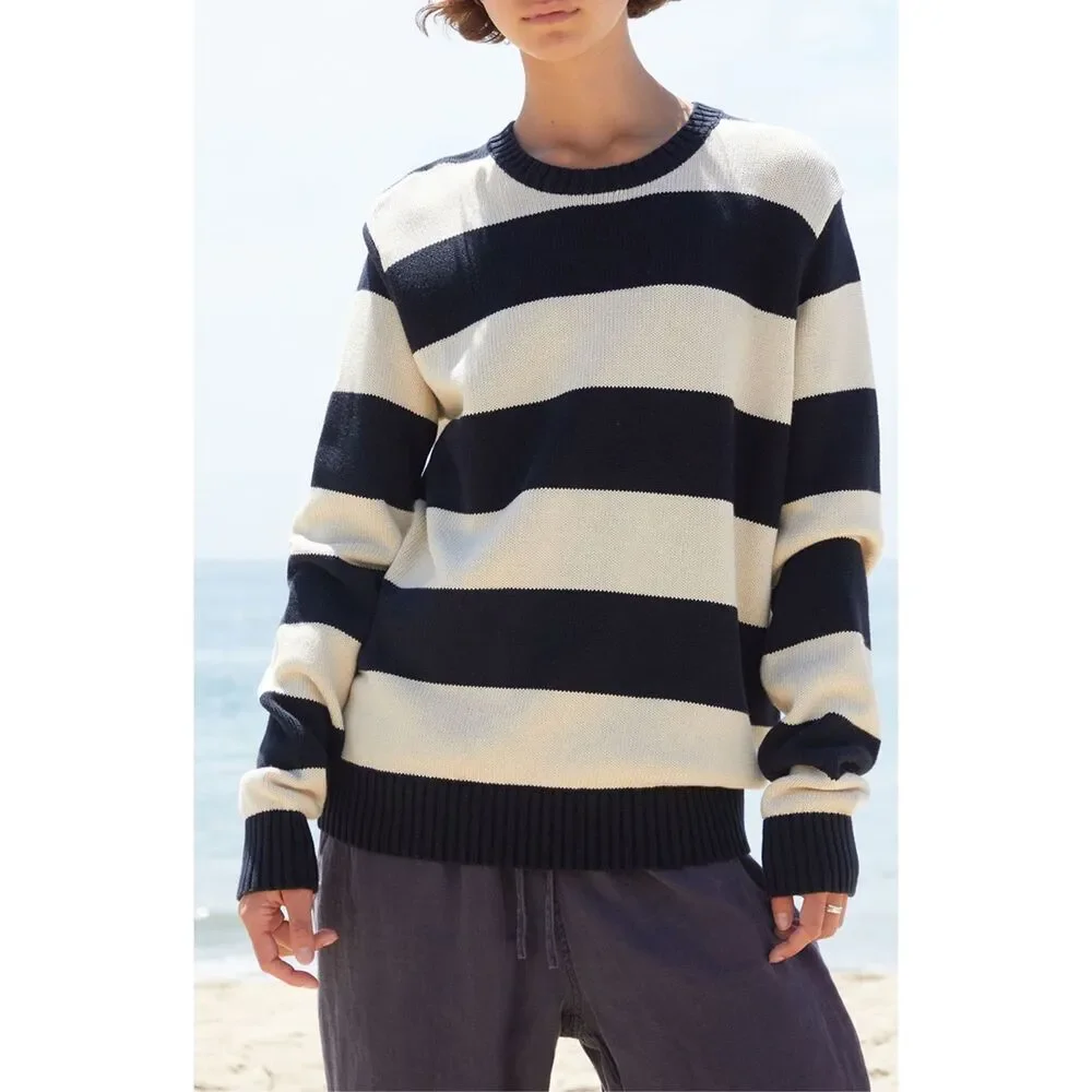 John Galt Navy & White Striped Thick Knit Sweater One Size‎